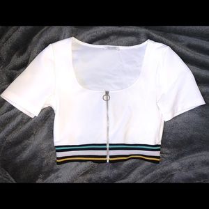 Cropped White Ribbed Zipper Top